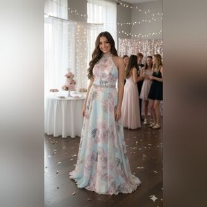 Mori Lee By Madeline Gardner Size 14 Pink & Blue Floral Chiffon Gown Preowned